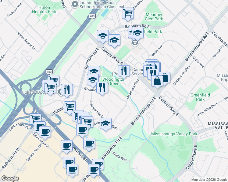 map of restaurants, bars, coffee shops, grocery stores, and more near 4131 Woodington Drive in Mississauga