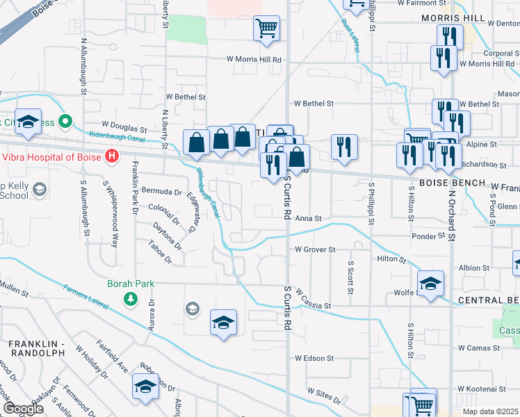 map of restaurants, bars, coffee shops, grocery stores, and more near 5921 Bermuda Drive in Boise