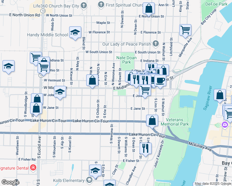 map of restaurants, bars, coffee shops, grocery stores, and more near 100 East Midland Street in Bay City