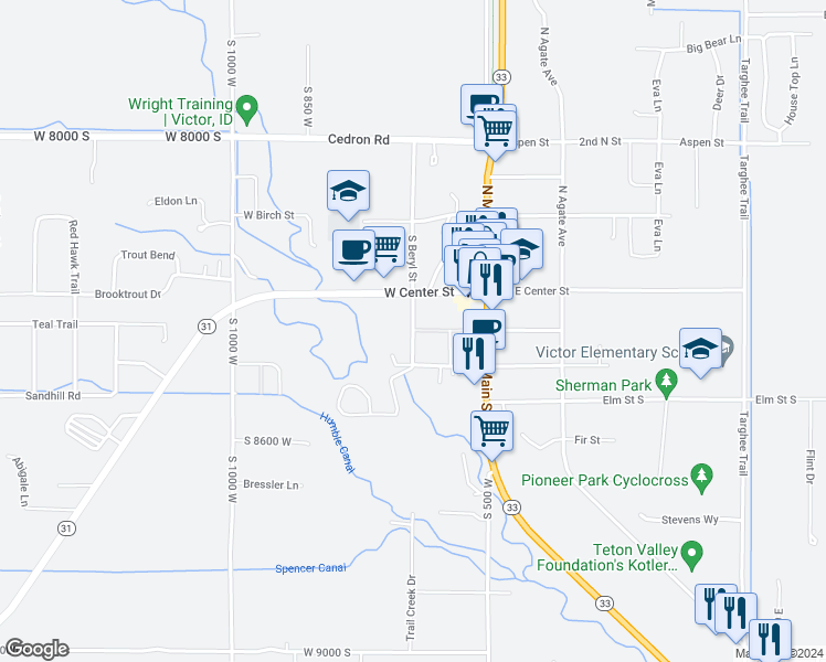 map of restaurants, bars, coffee shops, grocery stores, and more near 92 West Center Street in Victor