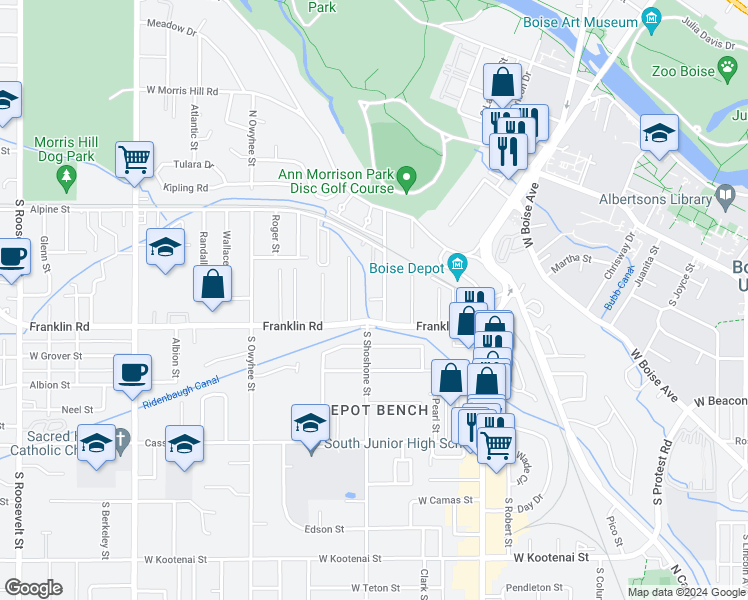 map of restaurants, bars, coffee shops, grocery stores, and more near 217 Peasley Street in Boise