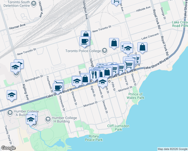 map of restaurants, bars, coffee shops, grocery stores, and more near 148 Islington Avenue in Toronto