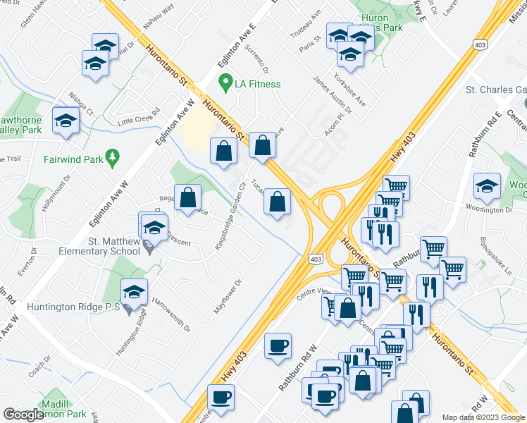 map of restaurants, bars, coffee shops, grocery stores, and more near 2001-20 Kingsbridge Garden Circle in Mississauga
