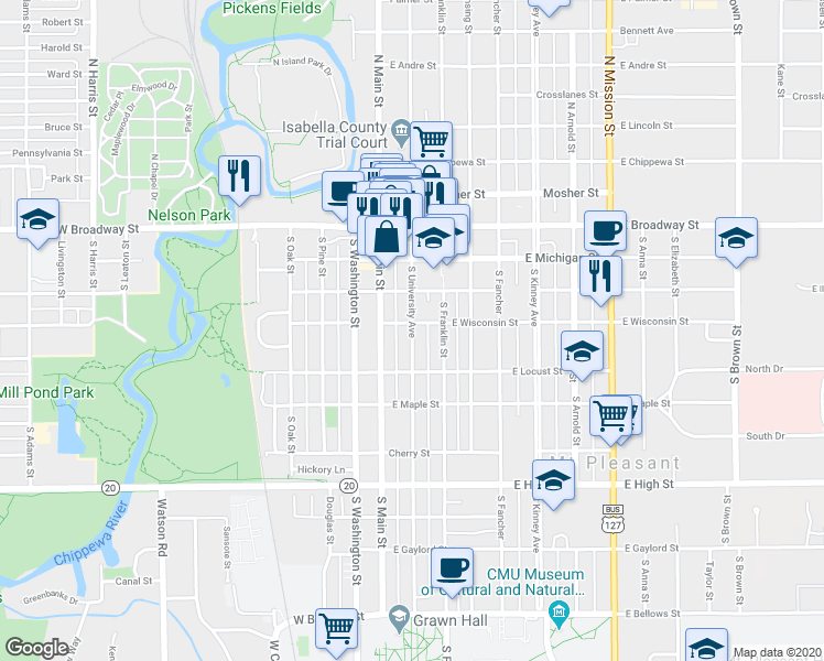 map of restaurants, bars, coffee shops, grocery stores, and more near 414 S University Ave in Mt Pleasant