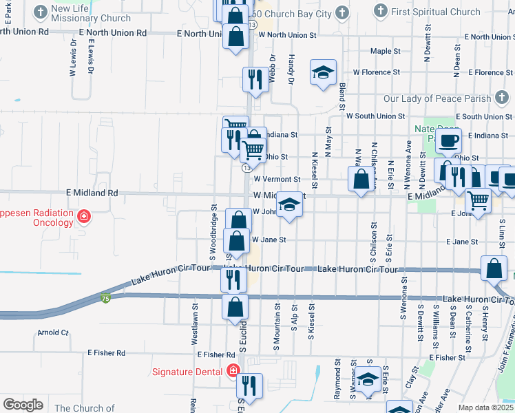 map of restaurants, bars, coffee shops, grocery stores, and more near 901 West Midland Street in Bay City