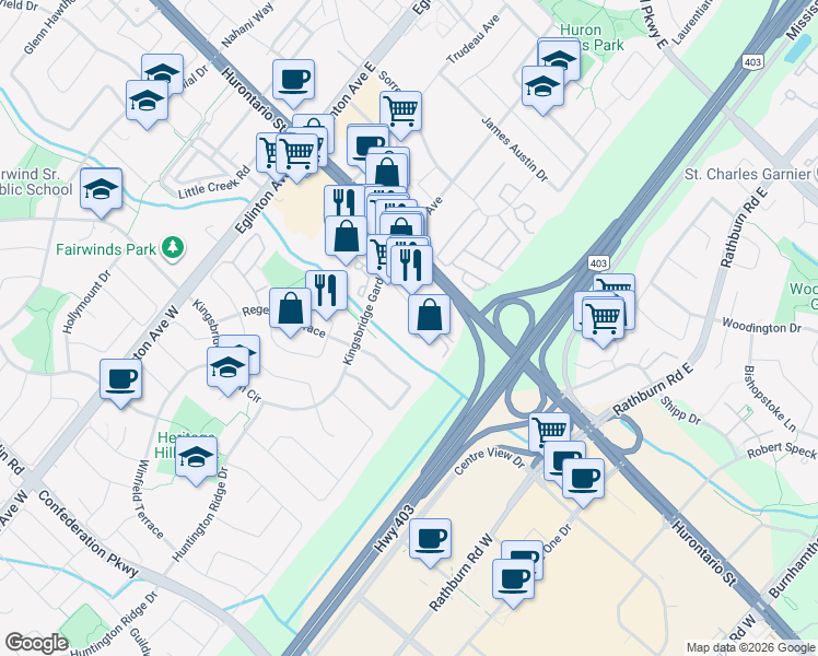map of restaurants, bars, coffee shops, grocery stores, and more near 2001-20 Kingsbridge Garden Circle in Mississauga