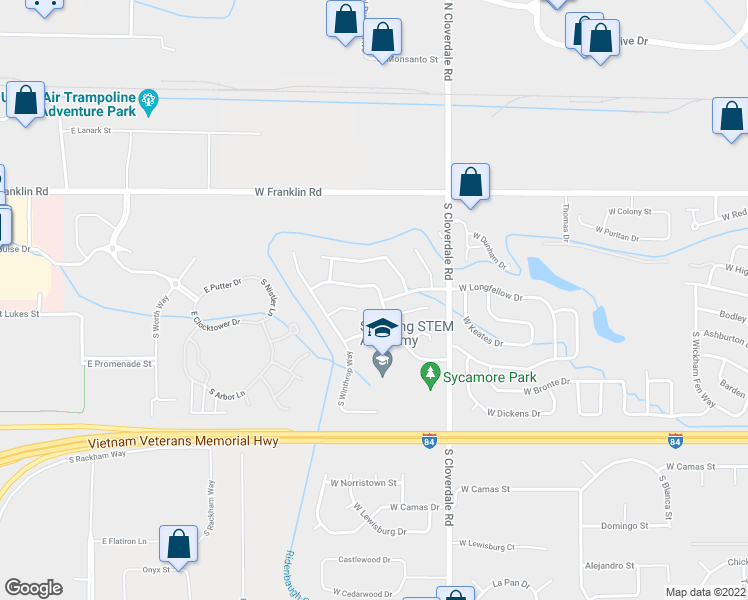 map of restaurants, bars, coffee shops, grocery stores, and more near 12416 West Braddock Drive in Boise