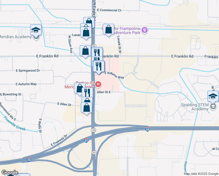 map of restaurants, bars, coffee shops, grocery stores, and more near 3399 East Louise Drive in Meridian