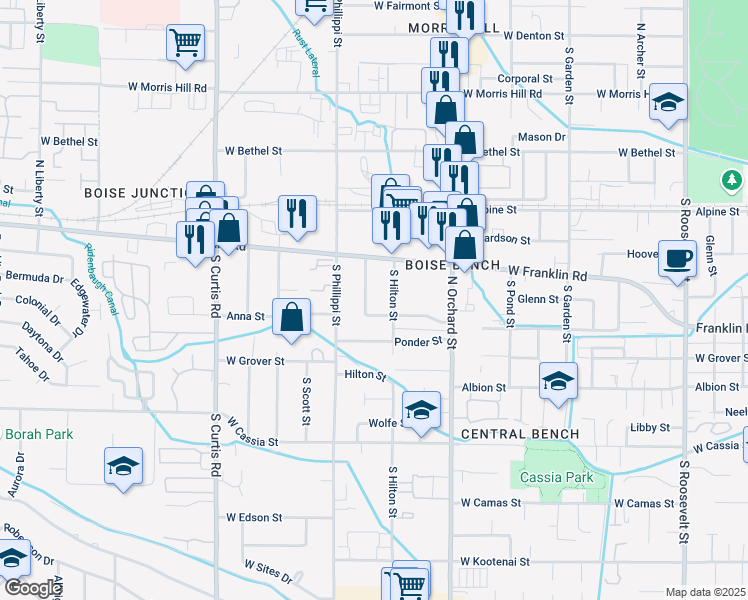 map of restaurants, bars, coffee shops, grocery stores, and more near 224 South Laurel Street in Boise