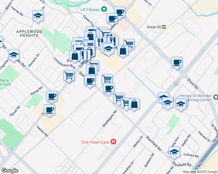 map of restaurants, bars, coffee shops, grocery stores, and more near 2431-2487 Stanfield Rd in Mississauga