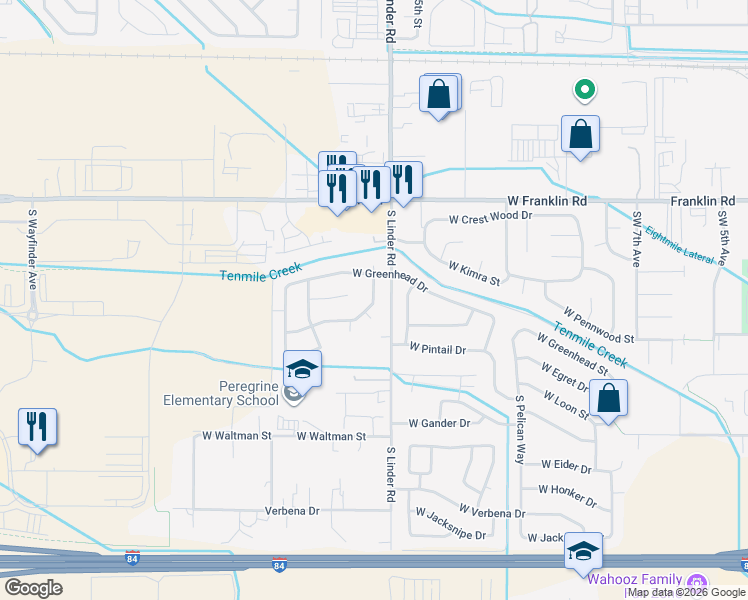 map of restaurants, bars, coffee shops, grocery stores, and more near 282 South Malachite Avenue in Meridian