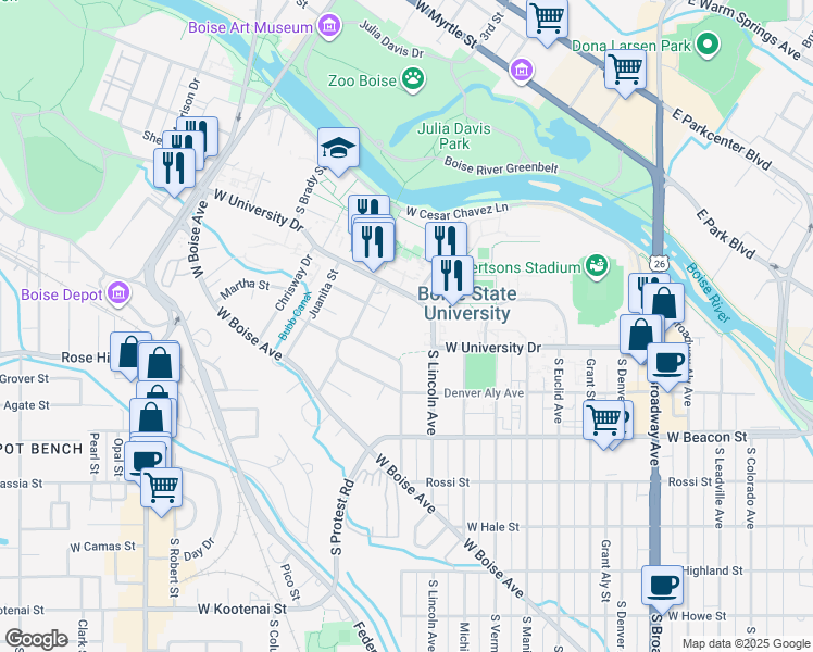 map of restaurants, bars, coffee shops, grocery stores, and more near 1801 West University Drive in Boise