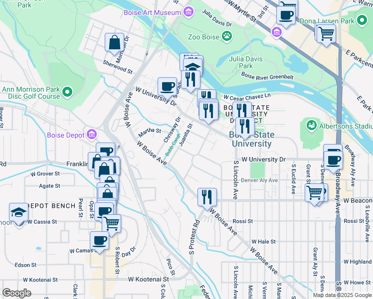 map of restaurants, bars, coffee shops, grocery stores, and more near 1923 Verna Lane in Boise
