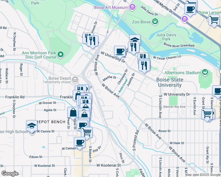 map of restaurants, bars, coffee shops, grocery stores, and more near 1516 Martha Circle in Boise