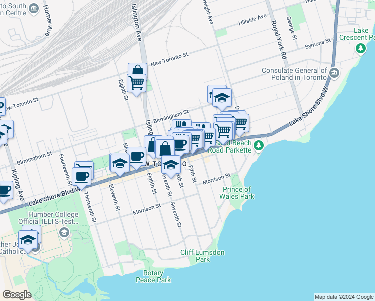 map of restaurants, bars, coffee shops, grocery stores, and more near 2880 Lake Shore Boulevard West in Toronto