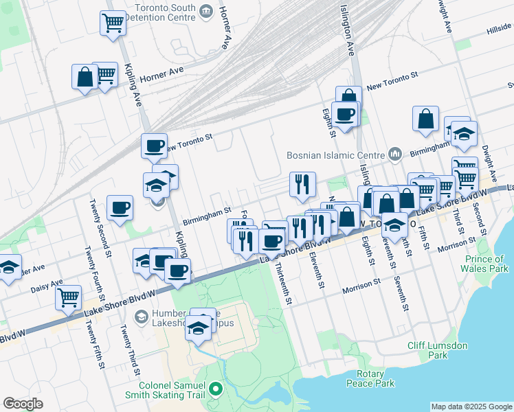 map of restaurants, bars, coffee shops, grocery stores, and more near 234 Birmingham Street in Toronto