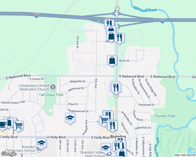 map of restaurants, bars, coffee shops, grocery stores, and more near 1051 East Redwood Boulevard in Brandon