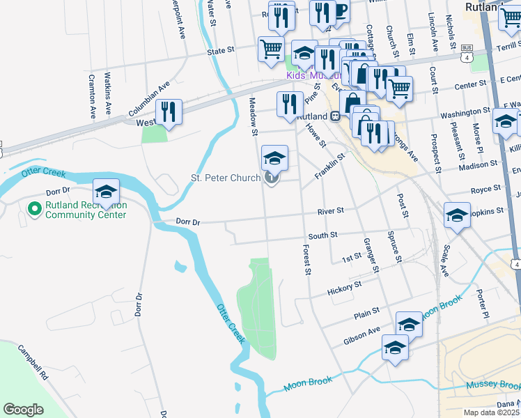 map of restaurants, bars, coffee shops, grocery stores, and more near 73 Meadow Street in Rutland
