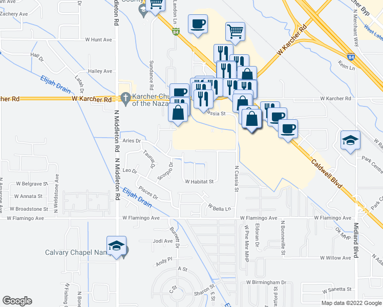 map of restaurants, bars, coffee shops, grocery stores, and more near 2023 West Eaglecrest Drive in Nampa