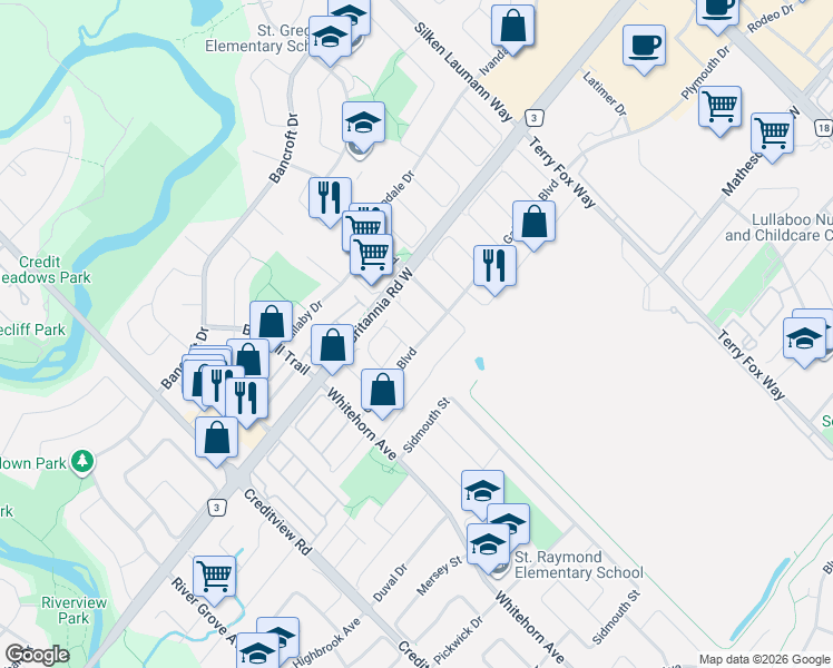 map of restaurants, bars, coffee shops, grocery stores, and more near 5932 Candlebrook Court in Mississauga