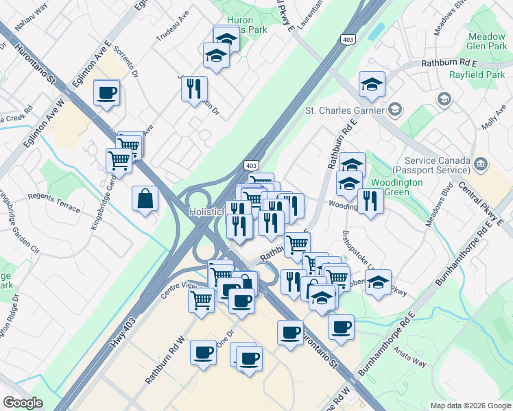 map of restaurants, bars, coffee shops, grocery stores, and more near 4315 Village Centre Court in Mississauga