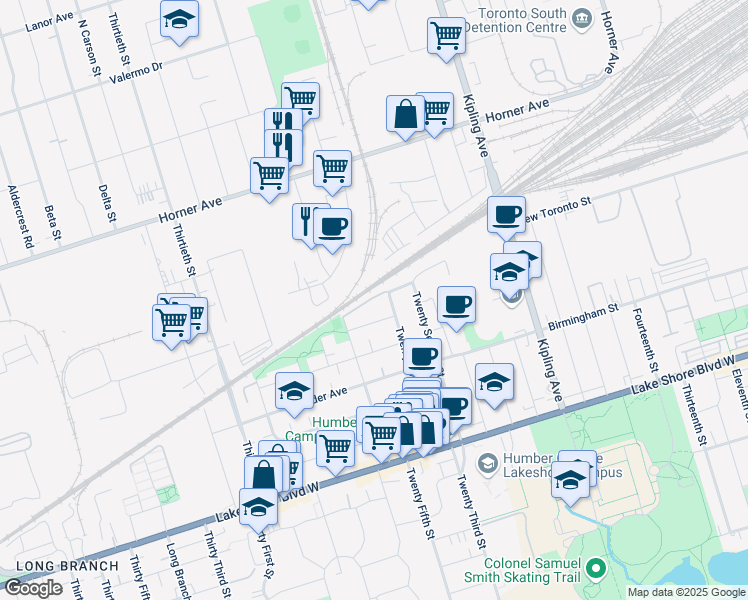 map of restaurants, bars, coffee shops, grocery stores, and more near 130 Twenty Fourth Street in Toronto