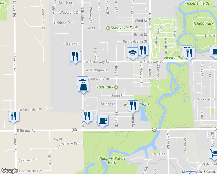 map of restaurants, bars, coffee shops, grocery stores, and more near 1504 West Lyons Street in Mount Pleasant