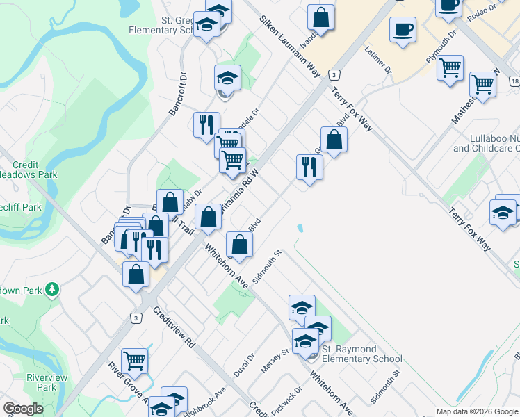 map of restaurants, bars, coffee shops, grocery stores, and more near 5936 Candlebrook Court in Mississauga