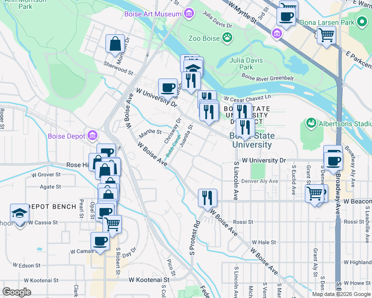 map of restaurants, bars, coffee shops, grocery stores, and more near 1923 Verna Lane in Boise