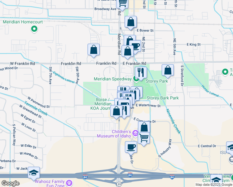 map of restaurants, bars, coffee shops, grocery stores, and more near 305 South Meridian Road in Meridian