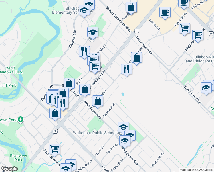 map of restaurants, bars, coffee shops, grocery stores, and more near 5932 Candlebrook Court in Mississauga
