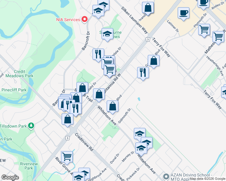 map of restaurants, bars, coffee shops, grocery stores, and more near 1240 Britannia Road West in Mississauga