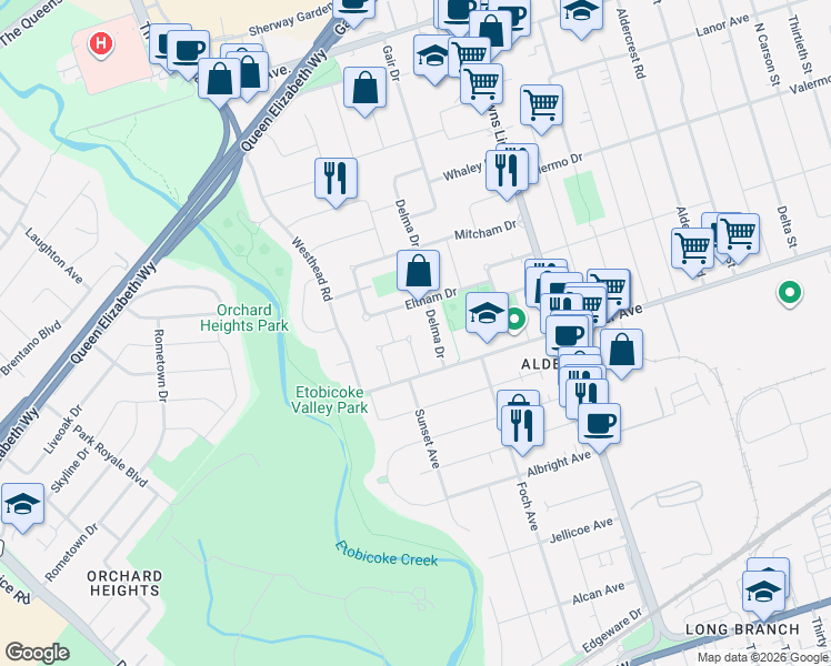 map of restaurants, bars, coffee shops, grocery stores, and more near 14 Heslop Drive in Toronto