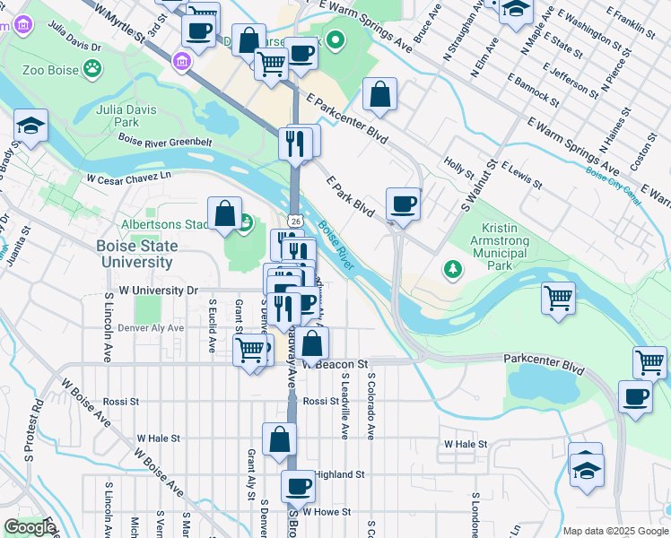 map of restaurants, bars, coffee shops, grocery stores, and more near S Leadville Ave in Boise