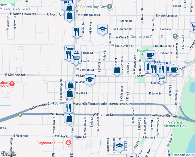 map of restaurants, bars, coffee shops, grocery stores, and more near 605 West Midland Street in Bay City