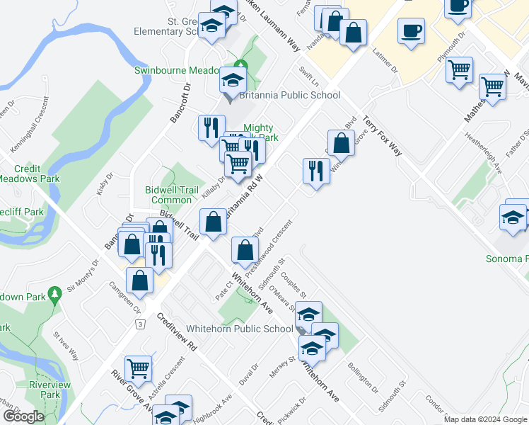 map of restaurants, bars, coffee shops, grocery stores, and more near 5938 Candlebrook Court in Mississauga