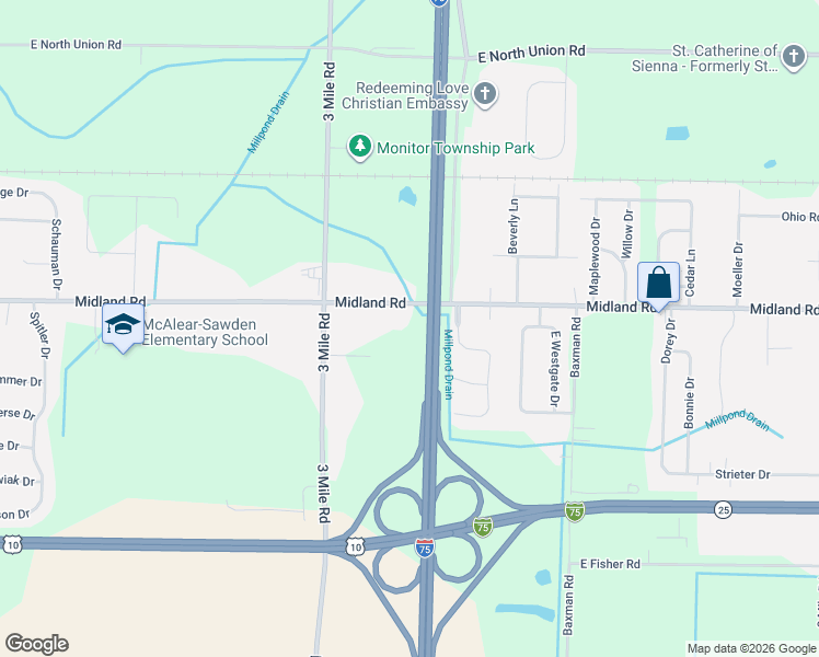 map of restaurants, bars, coffee shops, grocery stores, and more near 2586 Midland Road in Bay City