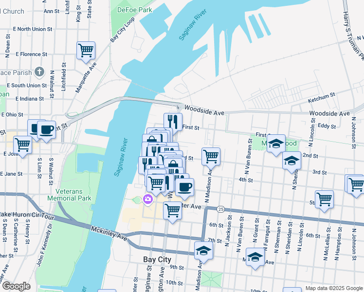 map of restaurants, bars, coffee shops, grocery stores, and more near 479 2nd Street in Bay City