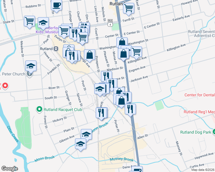 map of restaurants, bars, coffee shops, grocery stores, and more near 20 Royce Street in Rutland