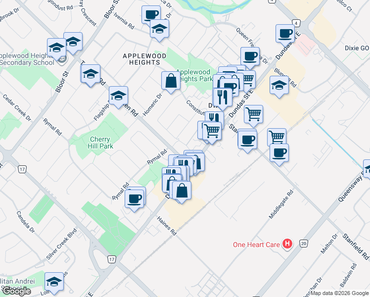 map of restaurants, bars, coffee shops, grocery stores, and more near 3055 Tomken Road in Mississauga
