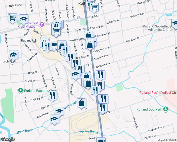 map of restaurants, bars, coffee shops, grocery stores, and more near 9 Hopkins Street in Rutland