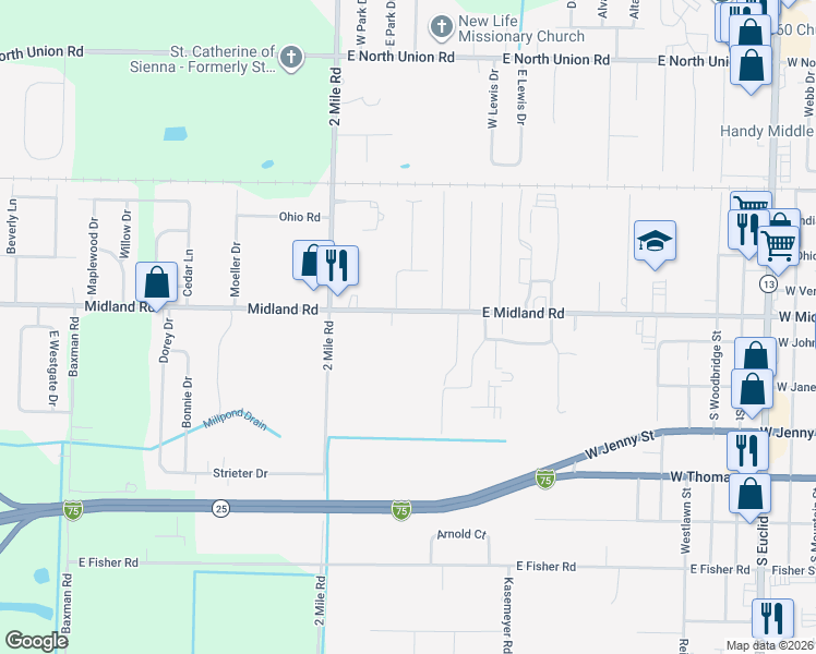map of restaurants, bars, coffee shops, grocery stores, and more near 3088 East Midland Road in Bay City
