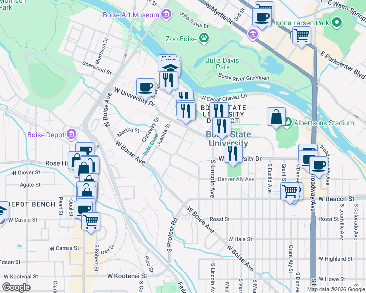 map of restaurants, bars, coffee shops, grocery stores, and more near 1408 South Joyce Street in Boise