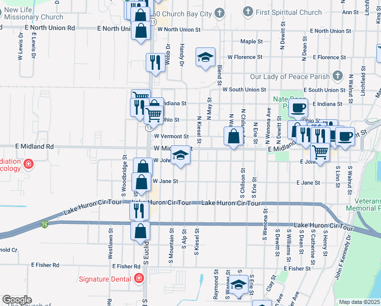 map of restaurants, bars, coffee shops, grocery stores, and more near 605 West Midland Street in Bay City