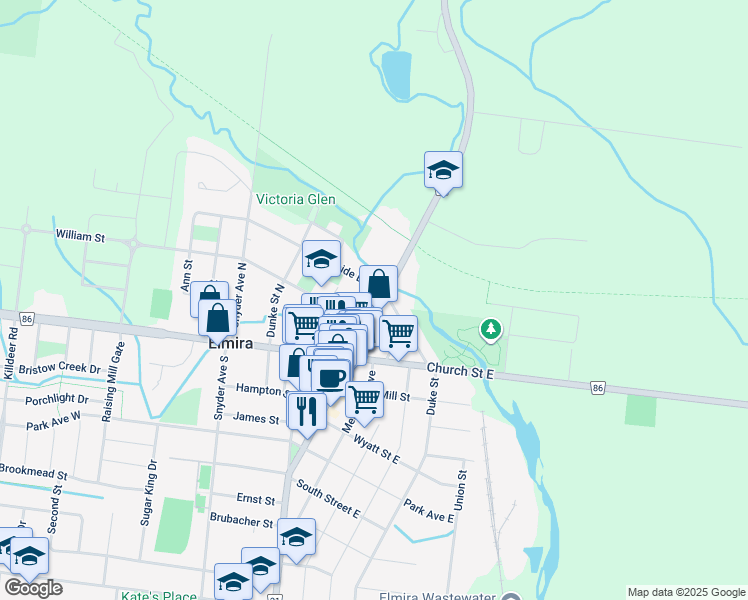 map of restaurants, bars, coffee shops, grocery stores, and more near 13 Maple Street in Elmira