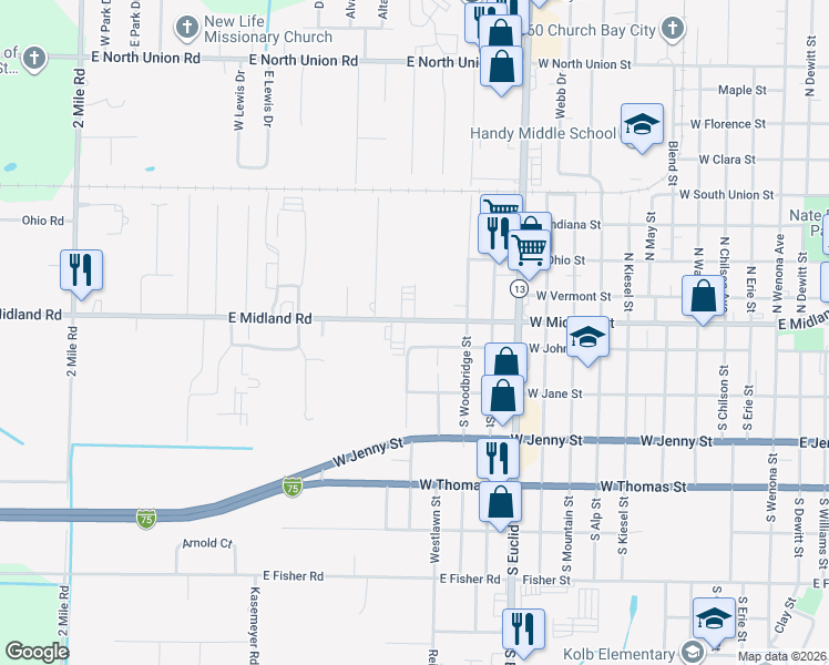 map of restaurants, bars, coffee shops, grocery stores, and more near 3402 East Midland Road in Bay City