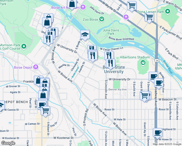 map of restaurants, bars, coffee shops, grocery stores, and more near 1408 South Joyce Street in Boise