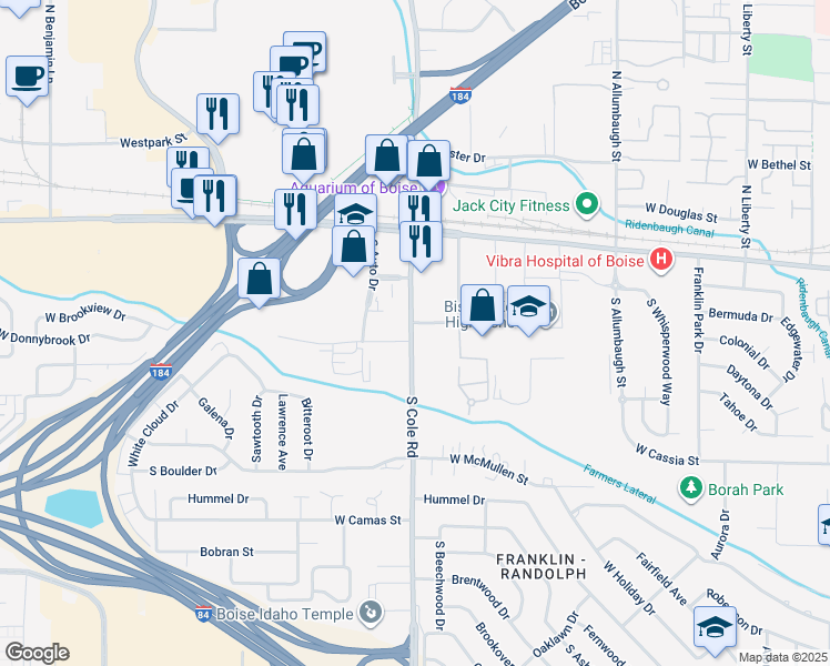map of restaurants, bars, coffee shops, grocery stores, and more near 334 South Cole Road in Boise