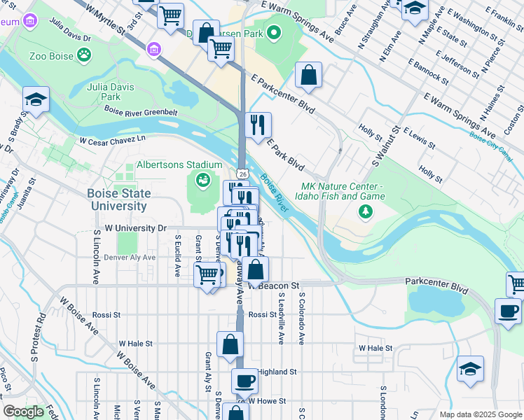 map of restaurants, bars, coffee shops, grocery stores, and more near South Broadway Avenue in Boise
