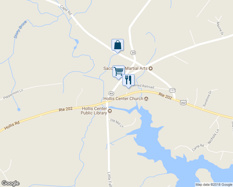 map of restaurants, bars, coffee shops, grocery stores, and more near 23 Main Street in Hollis